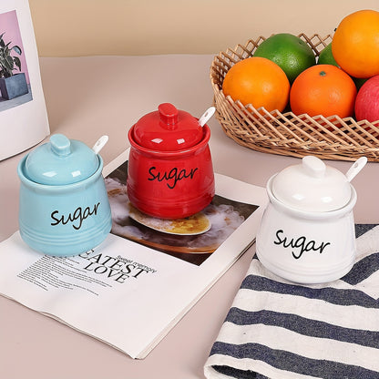 Elegant ceramic sugar jar with lid and spoon, 12oz capacity, 8.99x11.0cm, multiple color options, ideal for coffee bars and restaurants, easy to clean.