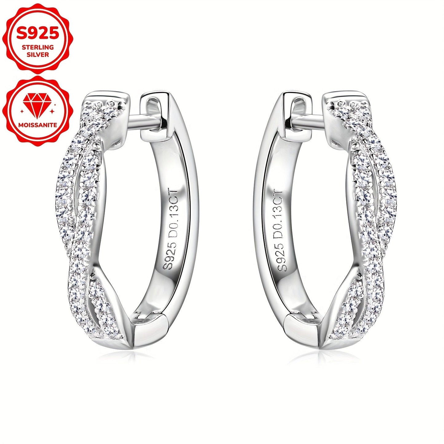 Featuring a silvery Gram Weight of 3.29g, embellished with 52 pieces of 1mm Moissanite stones totaling 0.13ct each, this elegant pair of earrings is crafted from 925 Sterling Silver. With a unique twist design, these Women's Fashion Hoop Earrings are