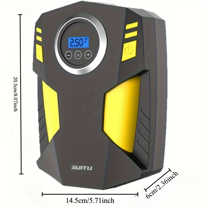 Portable tire inflator with digital gauge, LED light, and safe night use for cars and bikes.