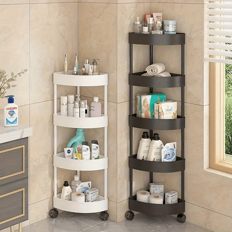 5-Tier corner bathroom shelf in plastic with ash finish and no golden pipes, a space-saving essential for your bathroom.