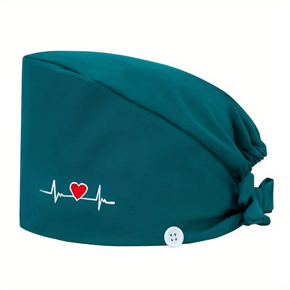 Women's embroidered heart pattern beanie cap made of 100% polyester with breathable, inelastic design. Features sweat-absorbent lining, dust-proof material, and adjustable elastic band.