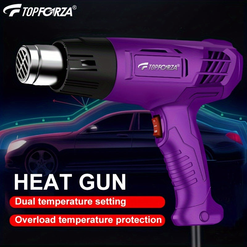 Fast preheating heat gun with temperature control and overload protection, ideal for crafts, PVC shrinking, and paint stripping. Kit includes 4 nozzles.