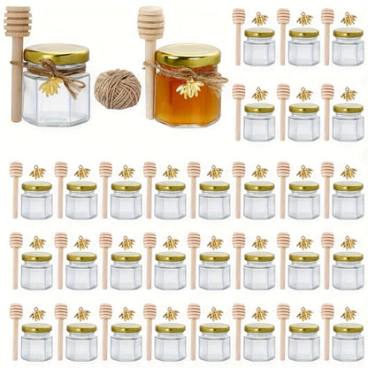 Stylish hexagonal glass jar with gold lid and wooden bucket ideal for preserving food and serving at events. Available in various packaging options for weddings, bridal gifts, and family gatherings. Also great for storing honey creatively.