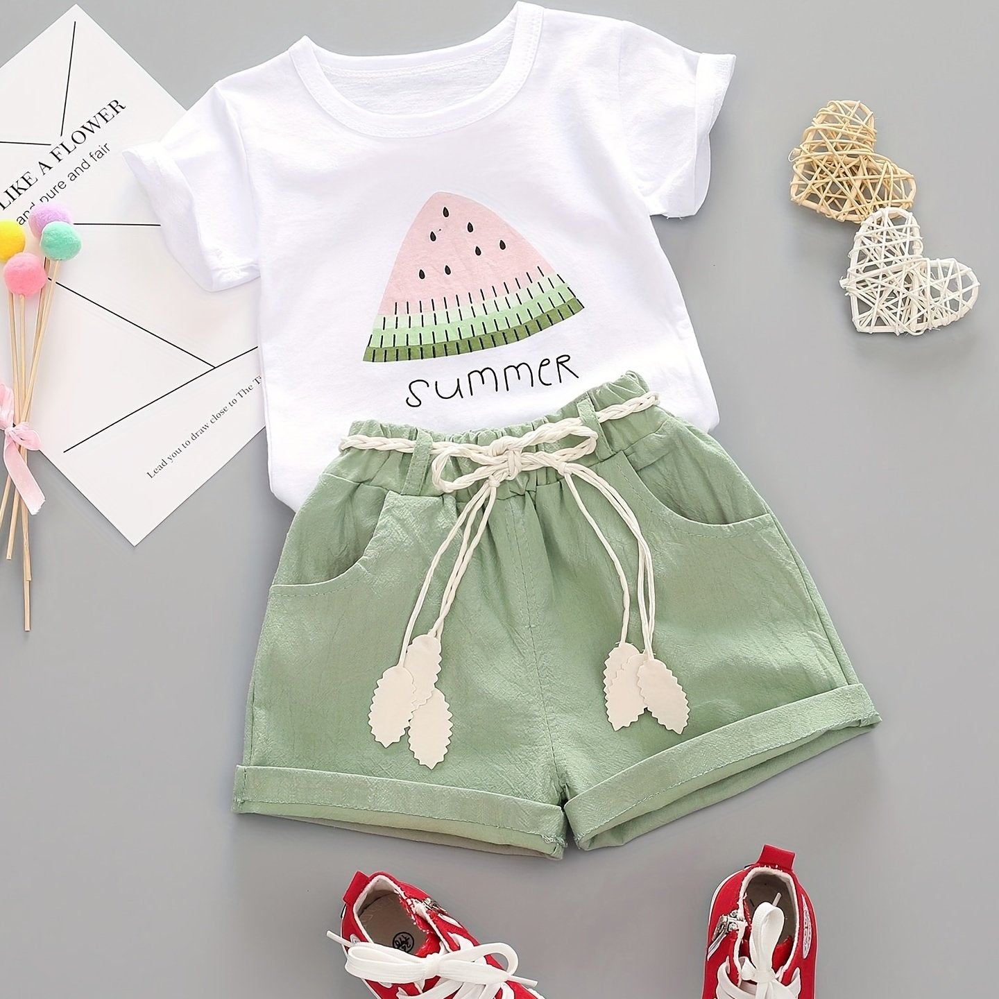 New girl's summer outfit: watermelon-printed short-sleeve shirt and casual shorts set.