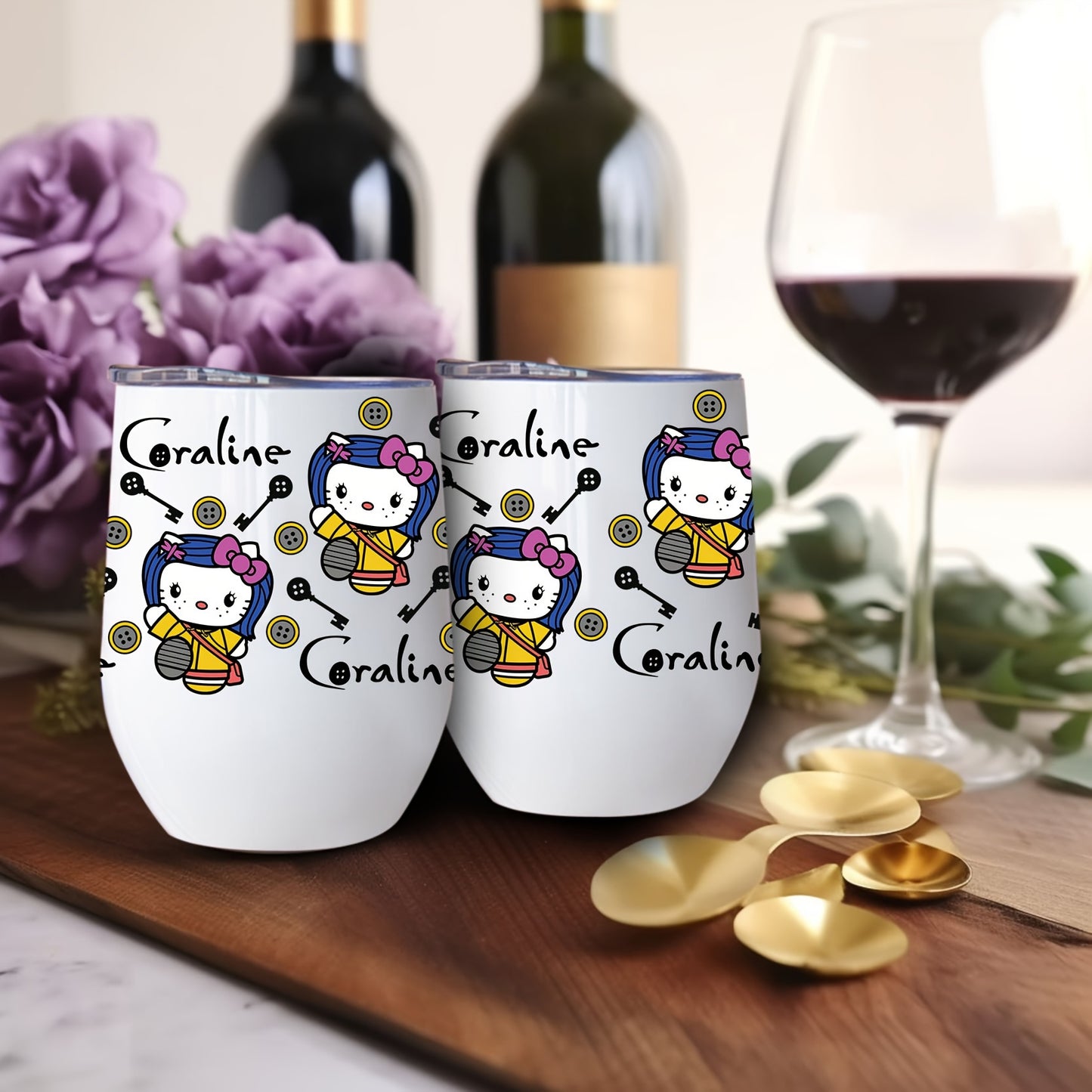 Hello Kitty и Coraline Стальной Термос с Крышкой, 12oz Овальная Непромокаемая Кофейная Чашка, Только Ручная Стирка, Без ПВХ, Идеальный Подарок на Рождество.