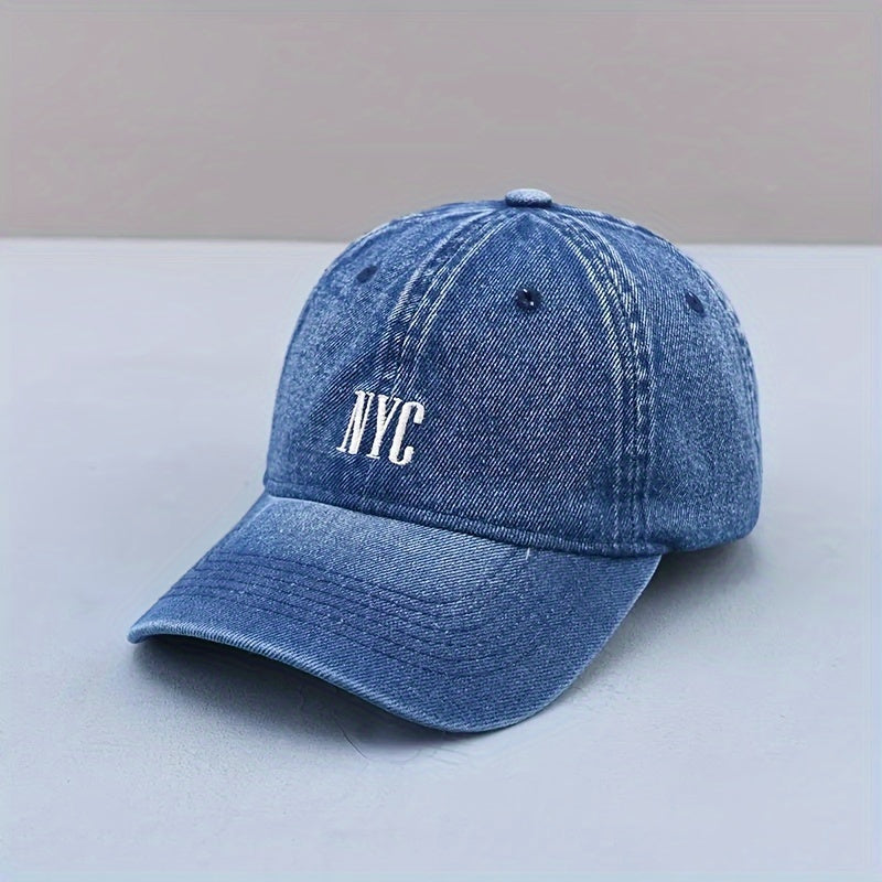 Casual-style denim baseball cap with embroidered NYC logo, adjustable unisex fashion hat for outdoor activities.