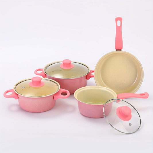 Complete Non-Stick Cookware Set - Includes 10 Pieces of Cast Iron Pots and Pans with Lids, Silicone Utensils, Ideal for Induction Cooktops and Holiday Cooking - Pink