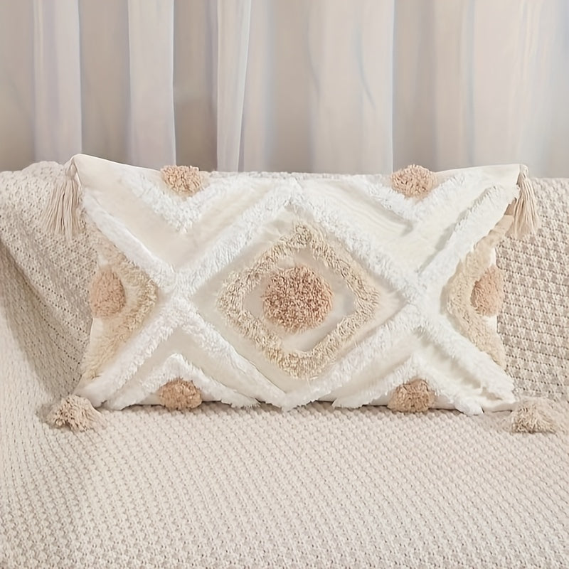 Boho-Chic Beige Tufted Throw Pillow Cover with Tassels - Cotton Canvas, Zip Closure, Hand Washable - Ideal for Home Decor, No Insert Included