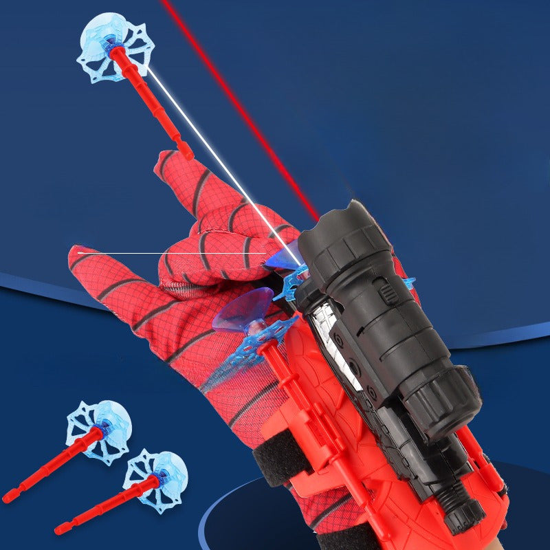 Spider Launcher toy for ages 3 and up, featuring a mixed color plastic spider glove with suction darts and web-shooting action.