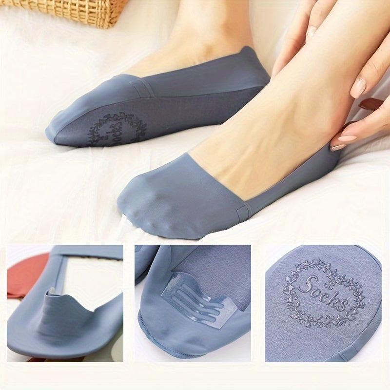 5 pairs of solid ice silk socks for women, non-slip and breathable low cut invisible socks.