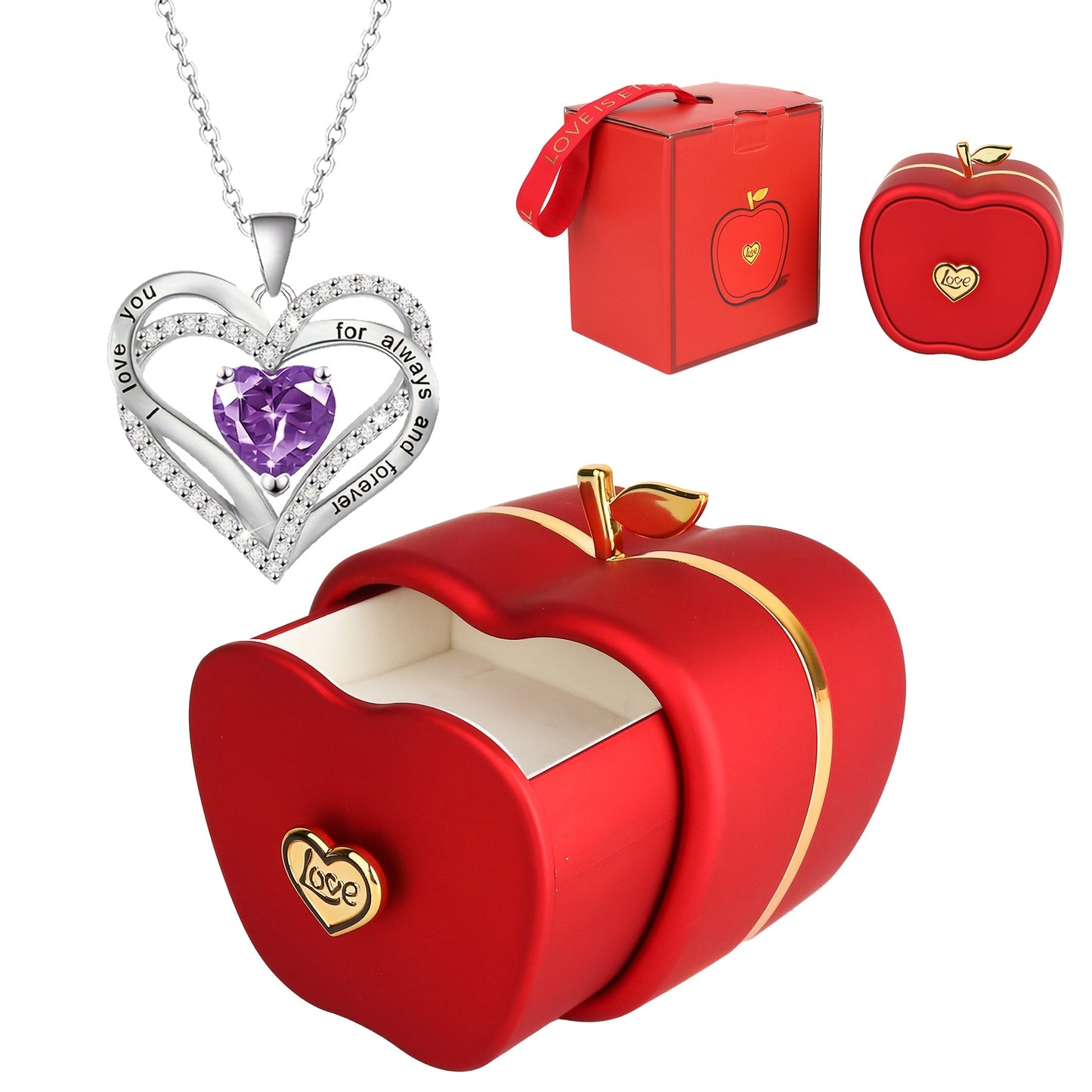 Stunning Double Heart Pendant Necklace in an Exquisite Red Apple Gift Box, Crafted with Silver Plated Copper and Synthetic Zirconia, a Versatile Piece of Jewelry Perfect for Any Occasion. Great for Gifting during Christmas, Valentine's Day, Mother's Day