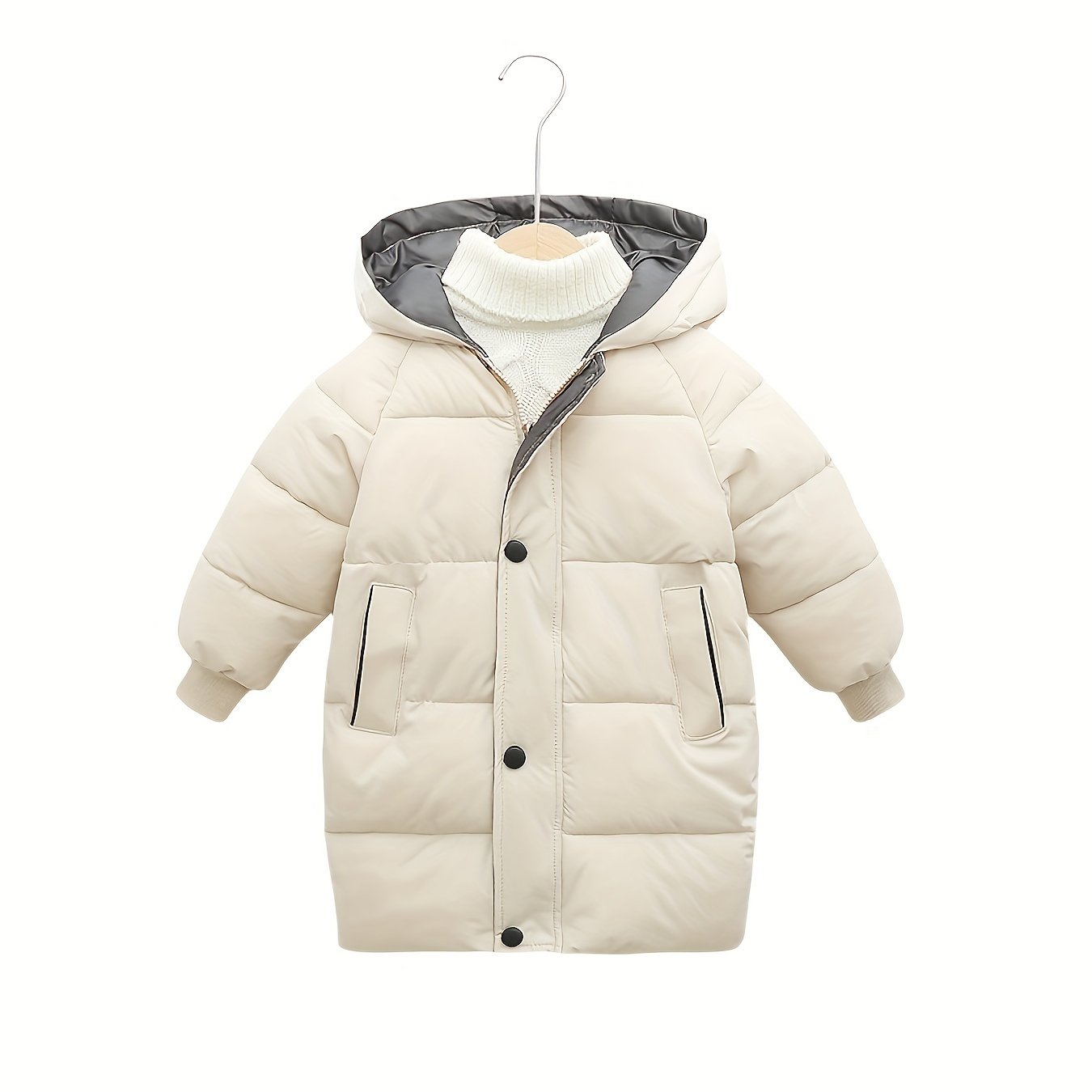 Unisex mid-length hooded padded coat with solid color polyester outerwear, crew neck, long sleeves, and zipper details. Ideal for fall/winter, perfect gift for kids.