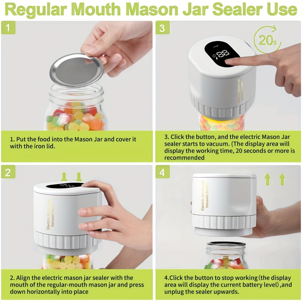 Introducing the 1set Electric Mason Jar Vacuum Sealer - a convenient way to seal your canning jars with both mouth and regular lids. This vacuum sealing machine is perfect for food storage and is compatible with Food Saver, making it a must-have in your