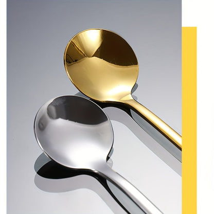 Set of 4/6 stainless steel spoons with long handles, perfect for ice, coffee, and mixing. Each set includes a golden small round spoon, ideal for use at home, restaurants, coffee shops, and parties. Great addition to your flatware collection.