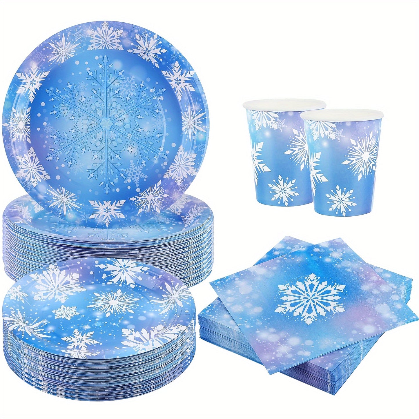 Winter Wonderland Party Supplies: 80 Pieces of Festive Snowflake Plates, Napkins, and Cups - Ideal for Christmas and Winter Birthday Celebrations.