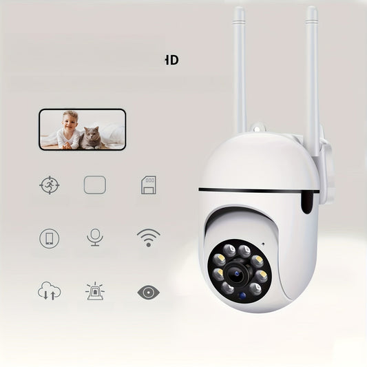 White Color Night Vision Camera with High Definition, suitable for indoor and outdoor use. Features Bidirectional Audio and Pan/Tilt/Zoom options. Connects to Wi-Fi for intelligent home safety monitoring. Includes Motion Tracking and Bidirectional Audio.