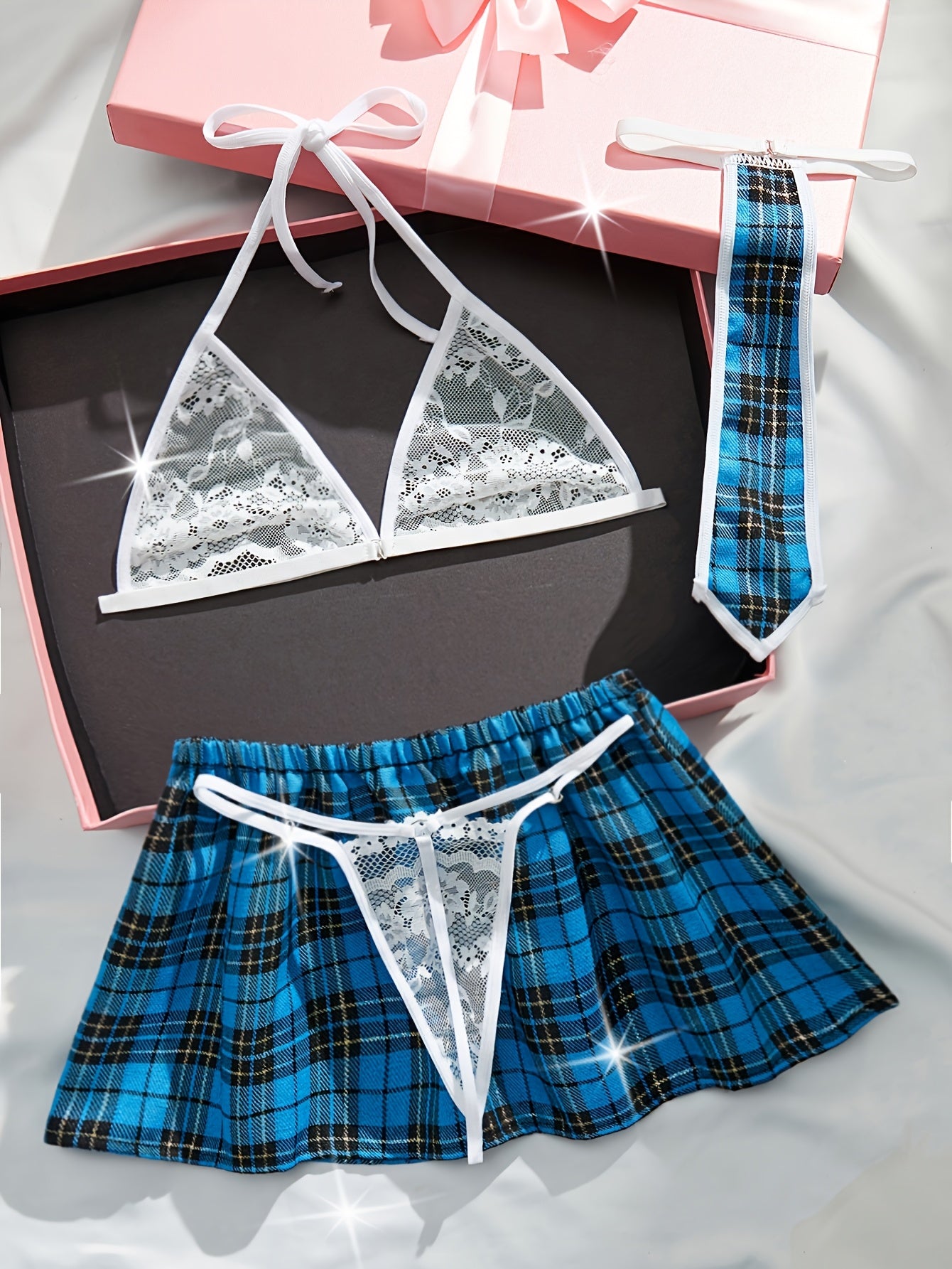 Four-piece preppy-style lingerie set made from polyamide (90%) and elastane (10%) knit fabric. Features medium support, color block design, red plaid thong and bra, women's cosplay uniform