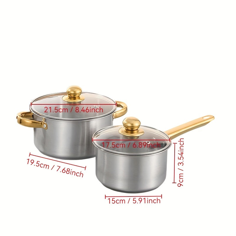 This cookware set includes 4/6 durable stainless steel pieces with golden handles. The versatile collection features pots and pans, including a stock pot and milk pot. Compatible with a variety of stovetops.