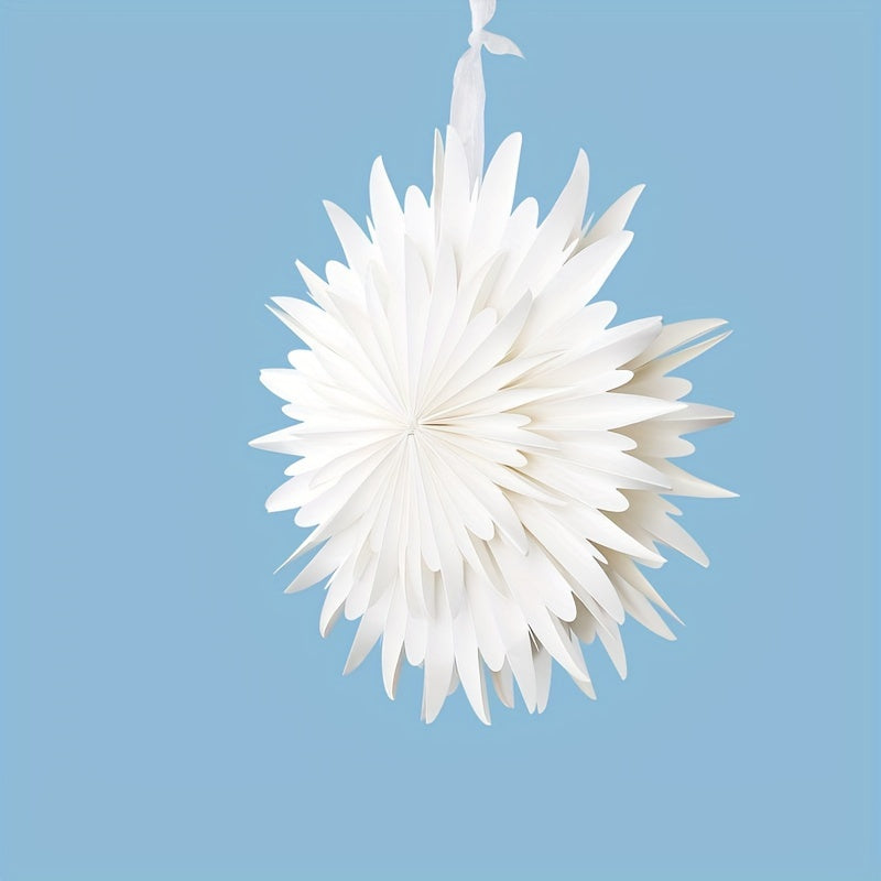 White 3D paper snowflake ornament for seasonal home decor, with cord for easy hanging at events such as weddings, birthdays, and parties.