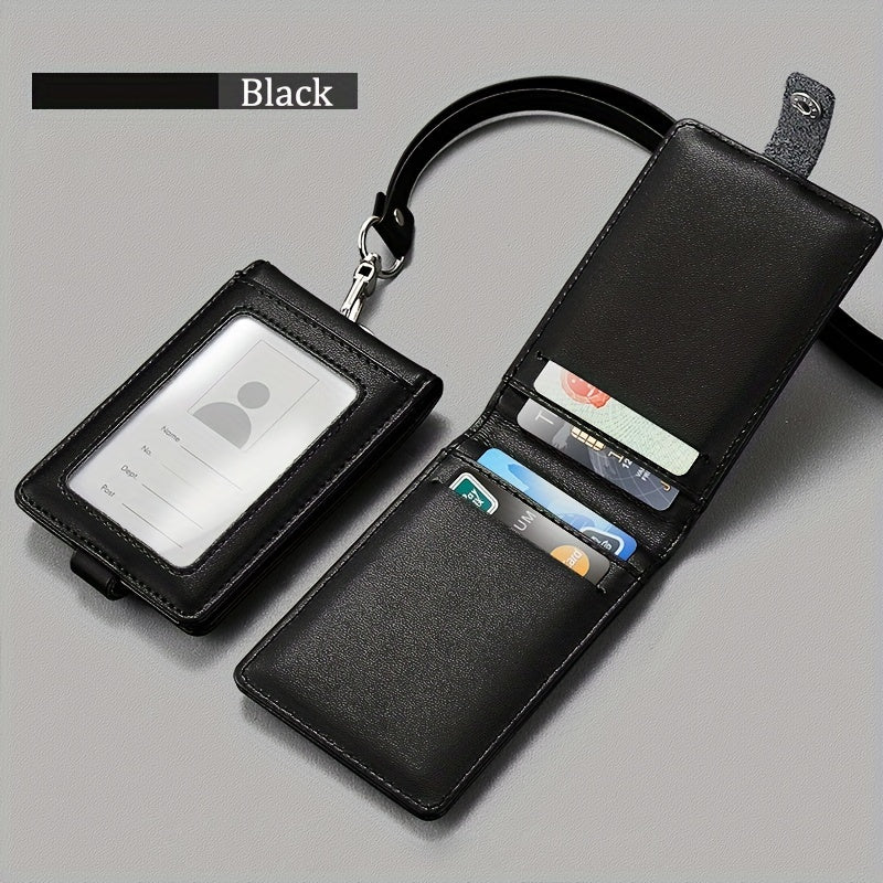 Leather ID card holder with lanyard, 5 card slots, PU leather, English text, formal business accessory.