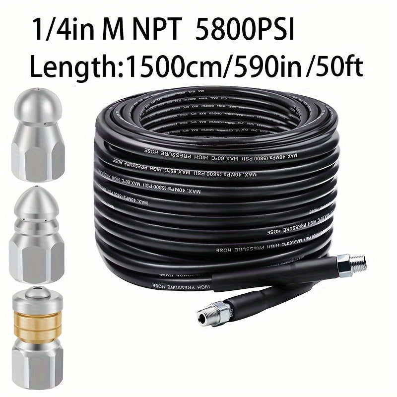 1 Set Sewer Jetter Kit with 5800PSI Cleaner Hose and 3 Pack 5000PSI Nozzles for Pressure Washer Drain.