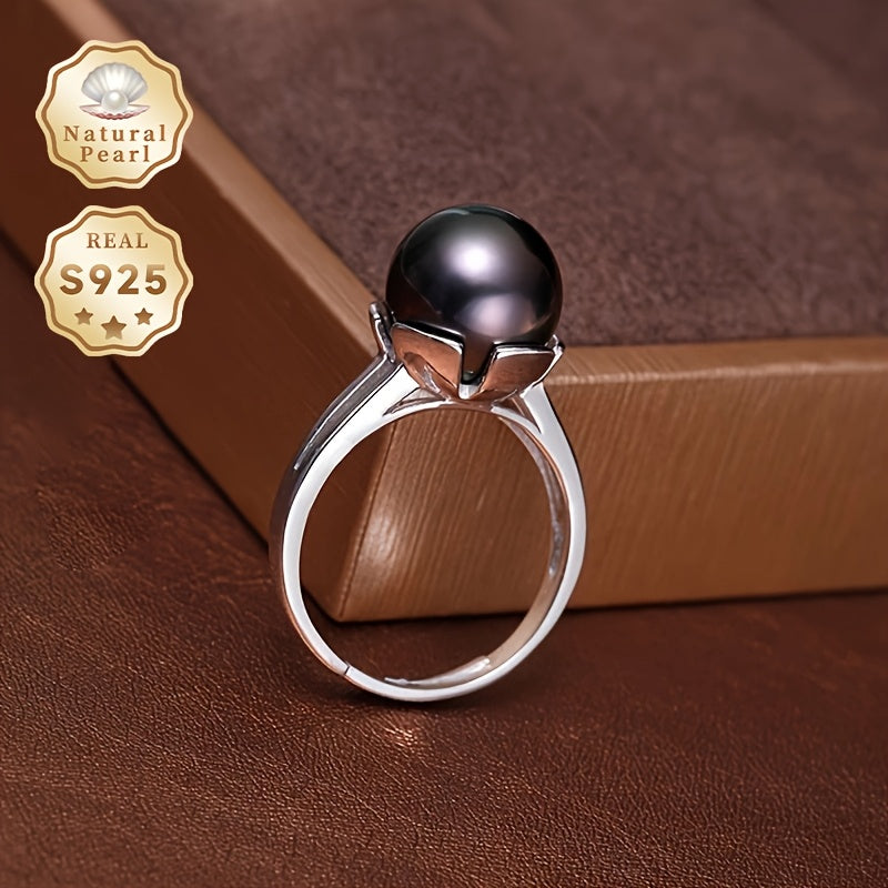 Unlock a truly special gift with this must-have item - a stunning Pearl Ring featuring a 10-11mm Round Deep Sea Tahitian Black Pearl set in S925 Silver. Each Women's Open Ring is unique, showcasing Haimou natural pearls with varying shapes and colors.