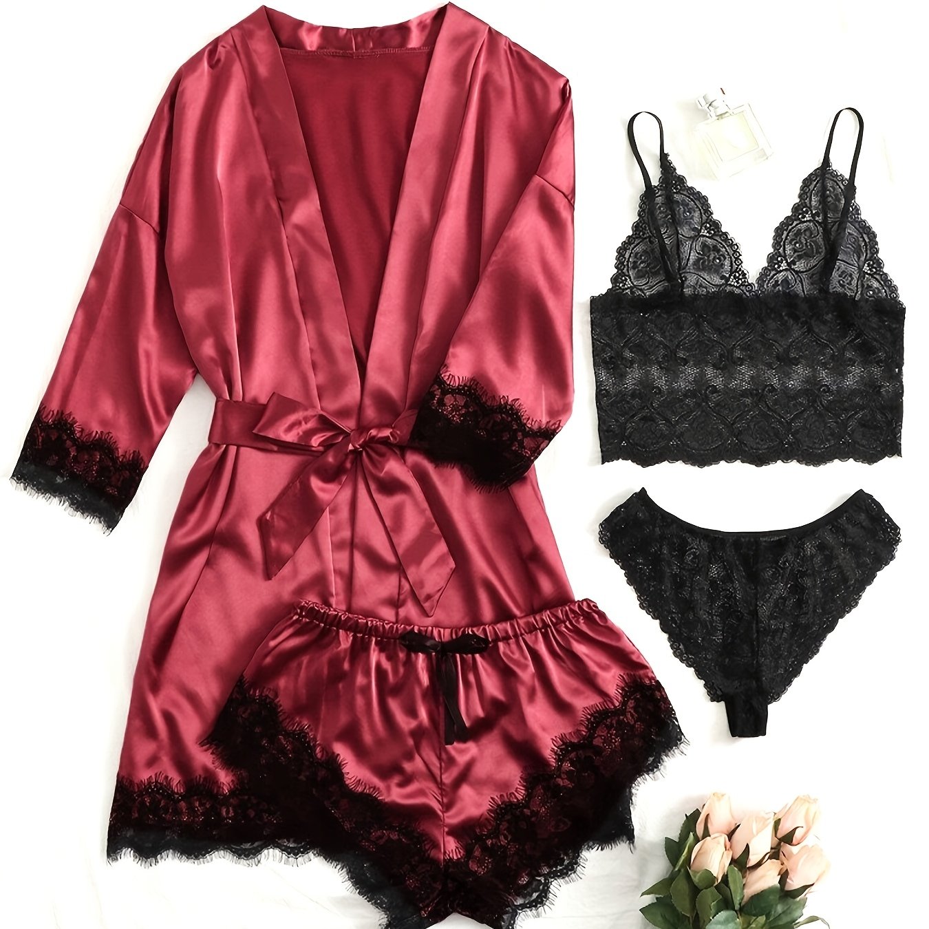 5-piece satin pajama set for women with lace detail, polyester sleepwear with belt, adult bedroom wear in multi-color