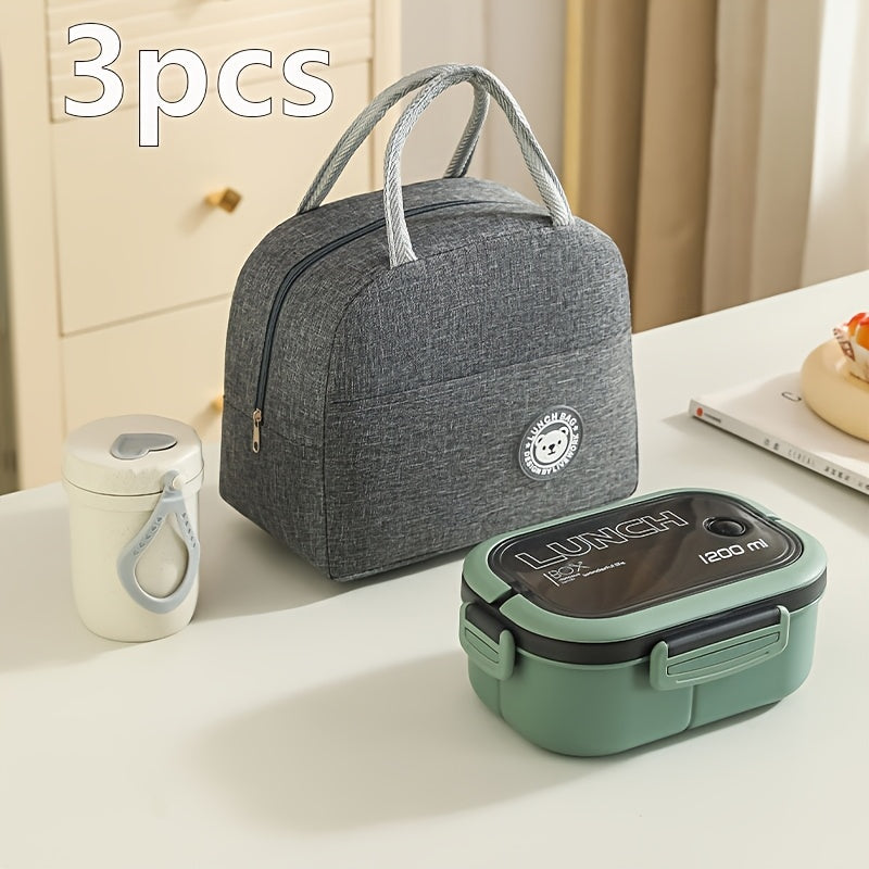 Three-piece set of versatile lunch bags with inner compartments and storage pouches, perfect for school, work, picnics and camping.