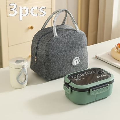 Three-piece set of versatile lunch bags with inner compartments and storage pouches, perfect for school, work, picnics and camping.