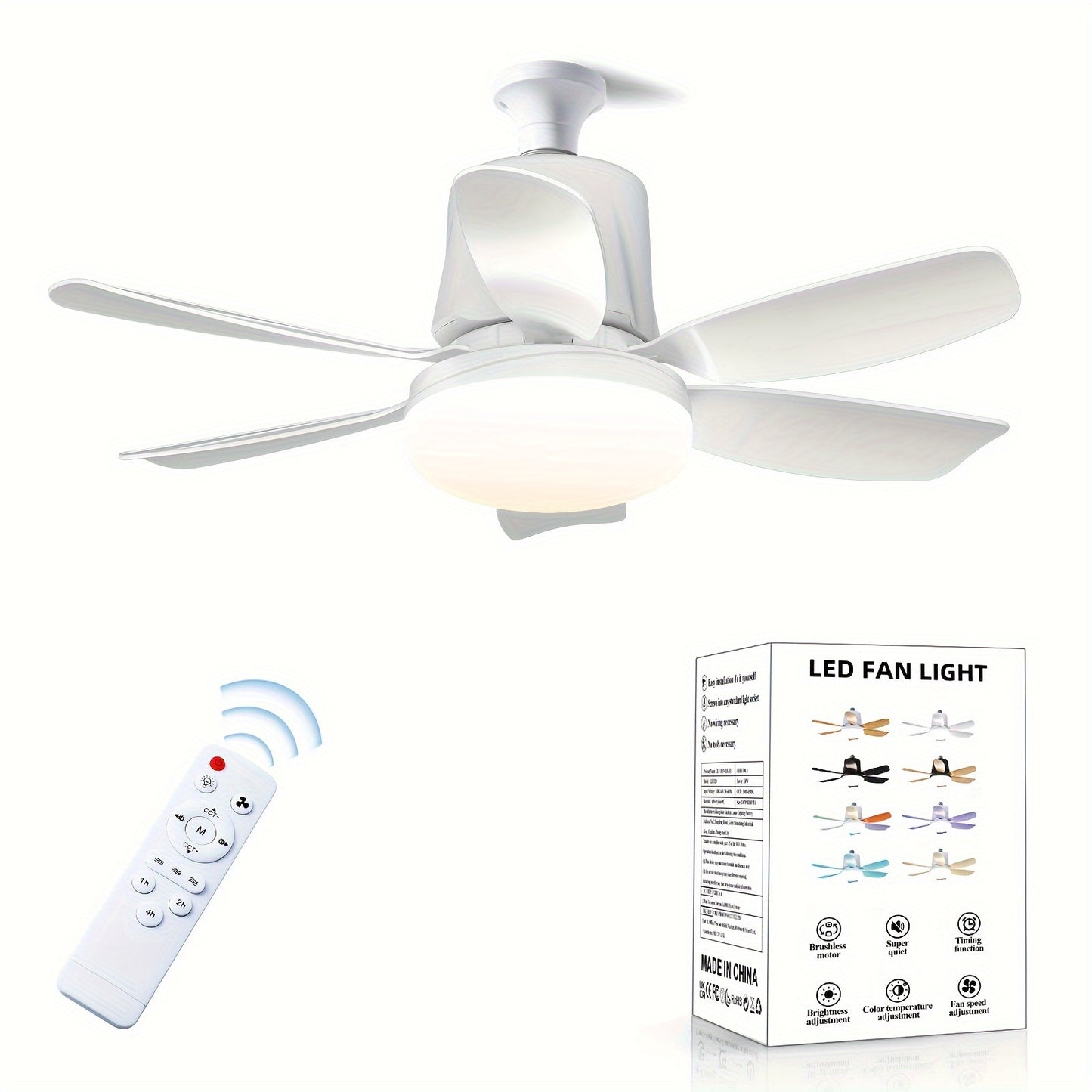 Modern dimmable LED ceiling fan light with remote, multi-speed fan with 3 color options. Easy install with E26/E27 base, hard-wired for various rooms, no battery needed.