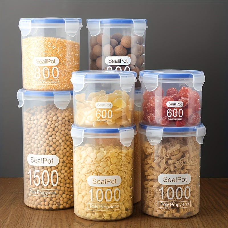 Set of 4 food storage containers featuring easy lock lids, clear airtight jars to keep food fresh, moisture-proof sealed boxes suitable for storing cereal, rice, pasta, flour, and sugar. Perfect for organizing your kitchen supplies.