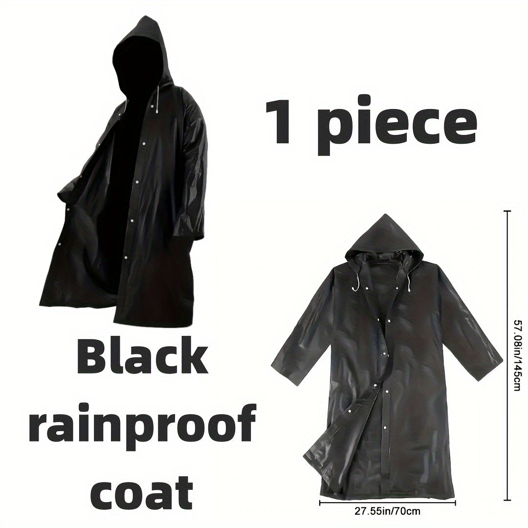 Men's waterproof black hooded coat for outdoor activities like hiking, travel, fishing, climbing, camping. Made of EVA material.