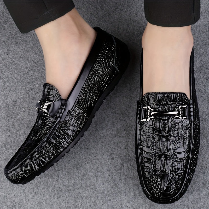 Crocodile pattern loafers for men with slip-on style and PU upper, perfect for various occasions and all seasons.