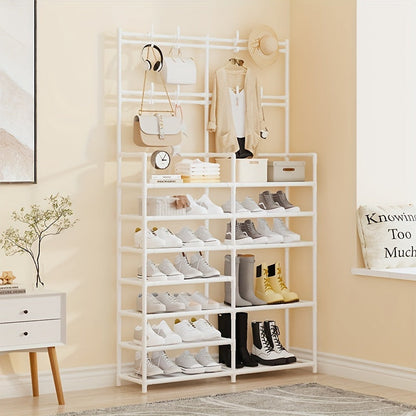 4 to 5 tier coat rack made of carbon steel that can be used for various purposes. It is spacious, measuring 170.18cm, and can be used to organize clothes and shoes. Available in black or white, and is easy to assemble.