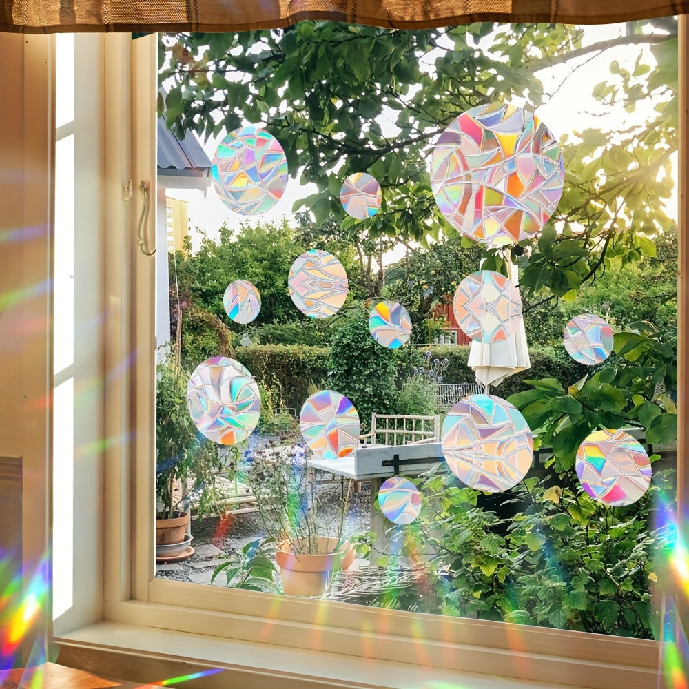 Modern Rainbow Sun Catcher Window Film - PVC Static Cling Bird Collision Prevention Decal - 16mil Thickness - Set of Round Shape in Various Sizes