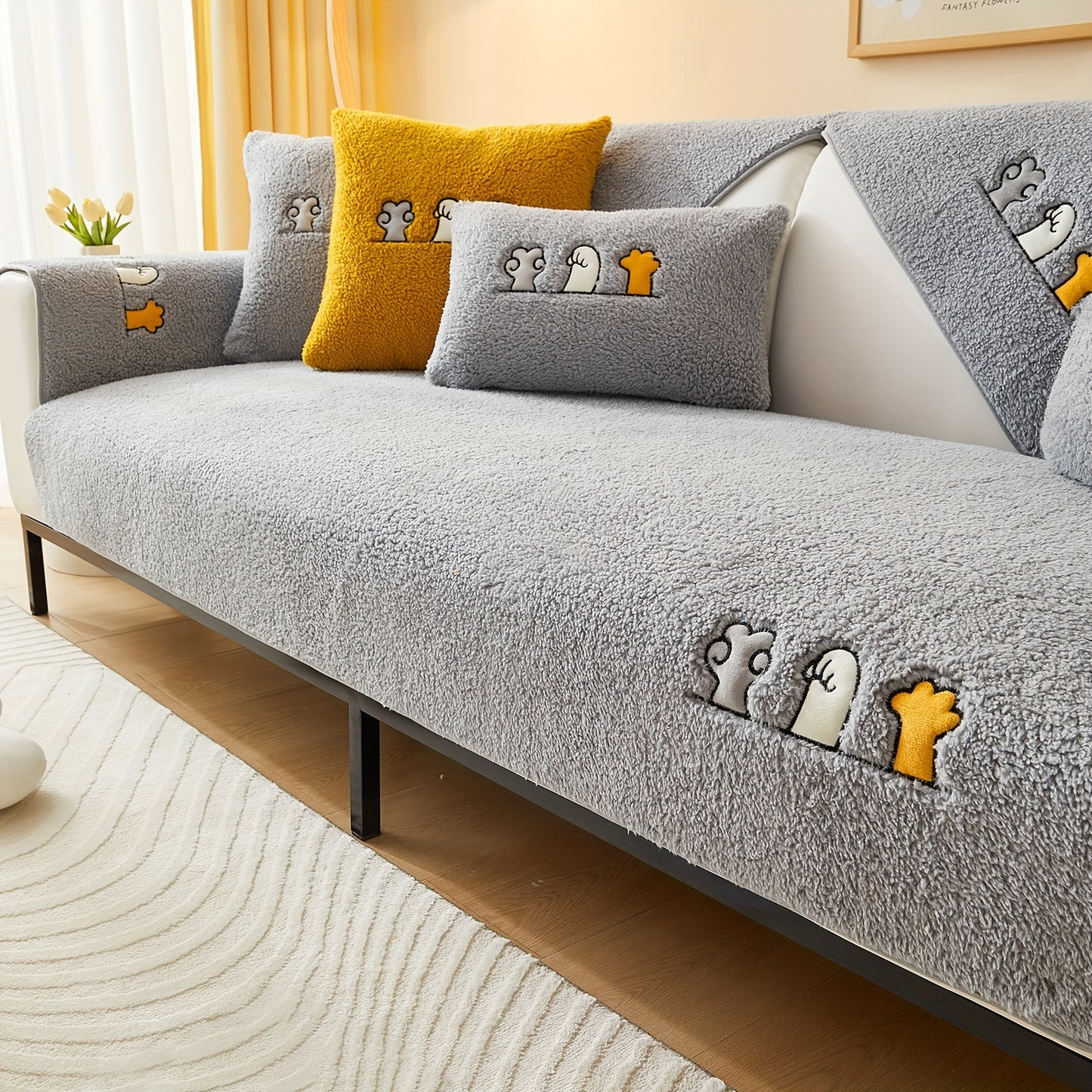 Plush Sherpa sofa slipcover protects furniture from pets, non-slip design for various rooms. Handrail backrest cover pillowcase sold separately.