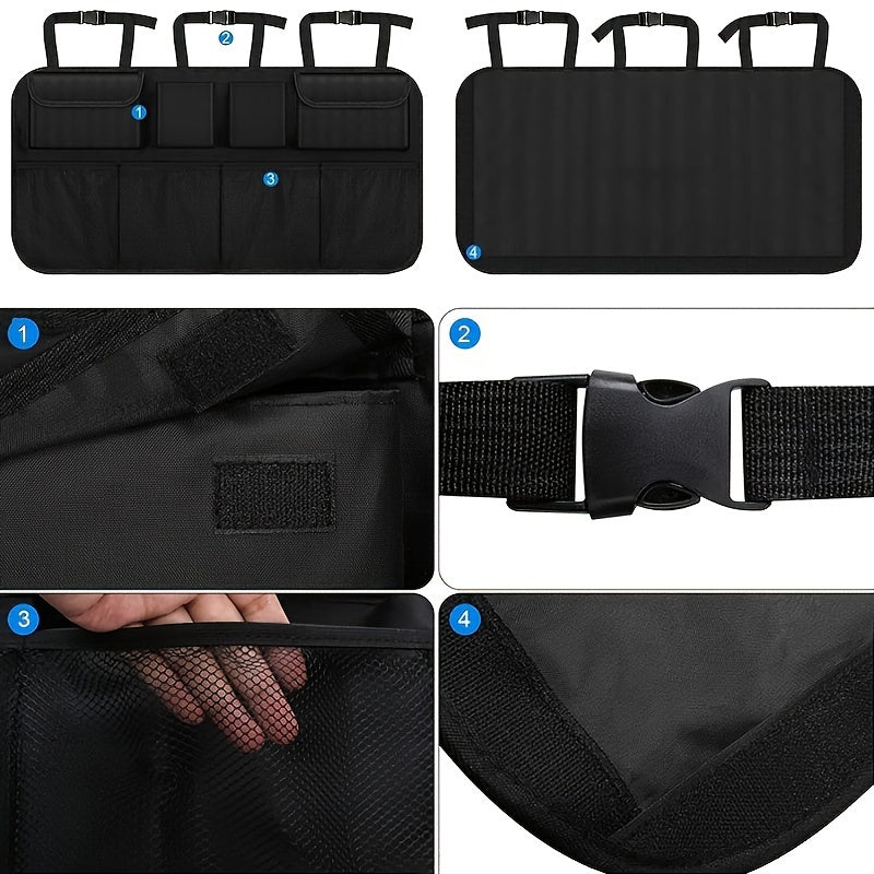 1pc Durable Polyester Car Trunk & Seat Organizer with 8 pockets and adjustable straps for organizing tools, bottles, and accessories.