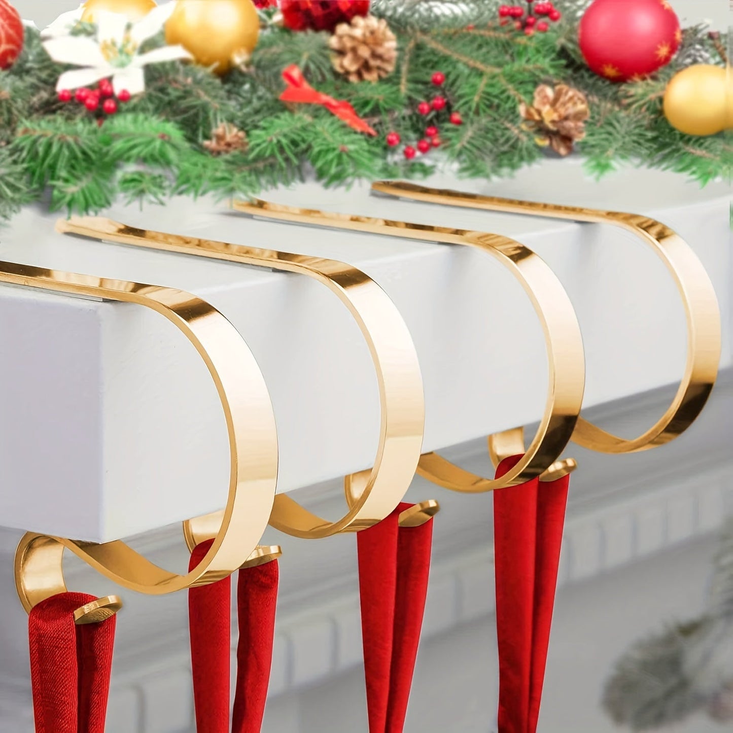 Set of 8 Adjustable Metal Stocking Holders, Non-Slip Lightweight Christmas Sock Hangers for Fireplace, Elegant Golden Wall Hooks for Festive Decoration