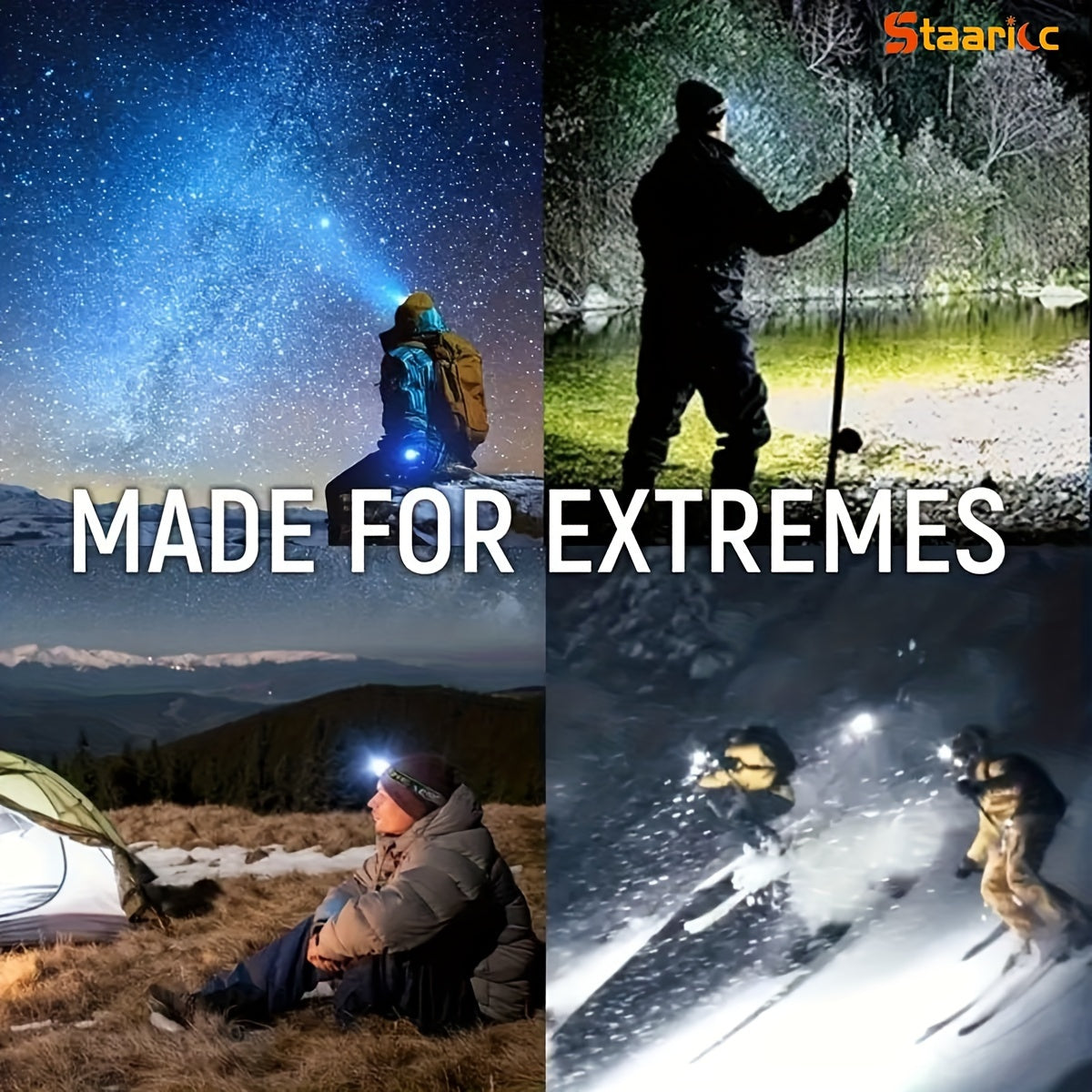 Staaricc 2/1 Pack Rechargeable LED Headlight with 5-Head and 4 Modes is a portable and water-resistant flashlight for outdoor activities.