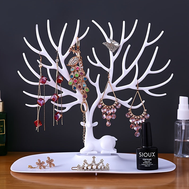 Deer-shaped jewelry display stand, Nordic style bedroom accessory for earrings and bracelets. Ideal for Halloween and Christmas gifts. Made of plastic with tabletop mount and snap closure. Multi-purpose and does not require power.