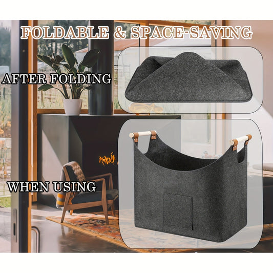 Extra large foldable fire basket made of thickened felt with a capacity of 55L, perfect for fireplaces. Features extended handles for easy carrying, doubles as a space-saving firewood and vegetable basket in dark gray color. Perfect for indoor wood