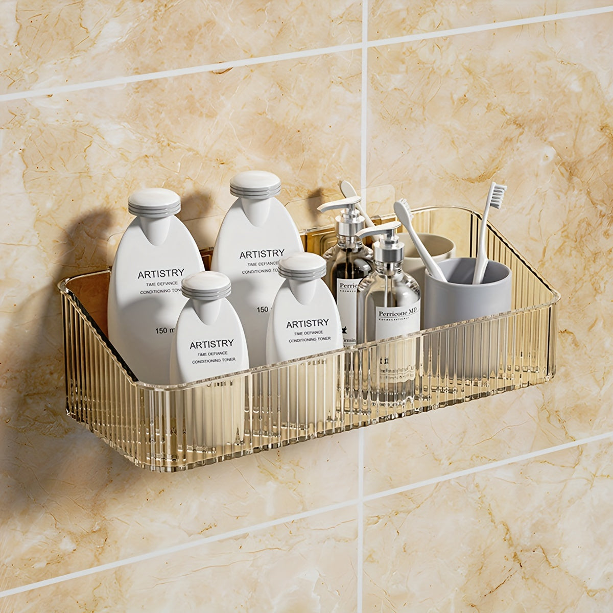 Sleek wall-mounted bathroom storage rack with transparent plastic shelves for toiletries. Easy, no-drill installation for marble bathrooms.