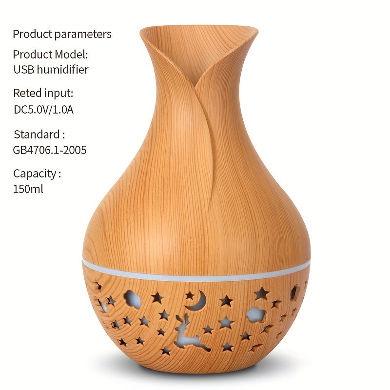 New 150ml vase-shaped air humidifier with hollow wood grain design, LED light, and small night light. USB-powered and automatic shut-off. Ideal for office, home, or bedroom.