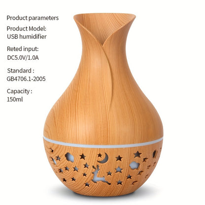 New 150ml vase-shaped air humidifier with hollow wood grain design, LED light, and small night light. USB-powered and automatic shut-off. Ideal for office, home, or bedroom.