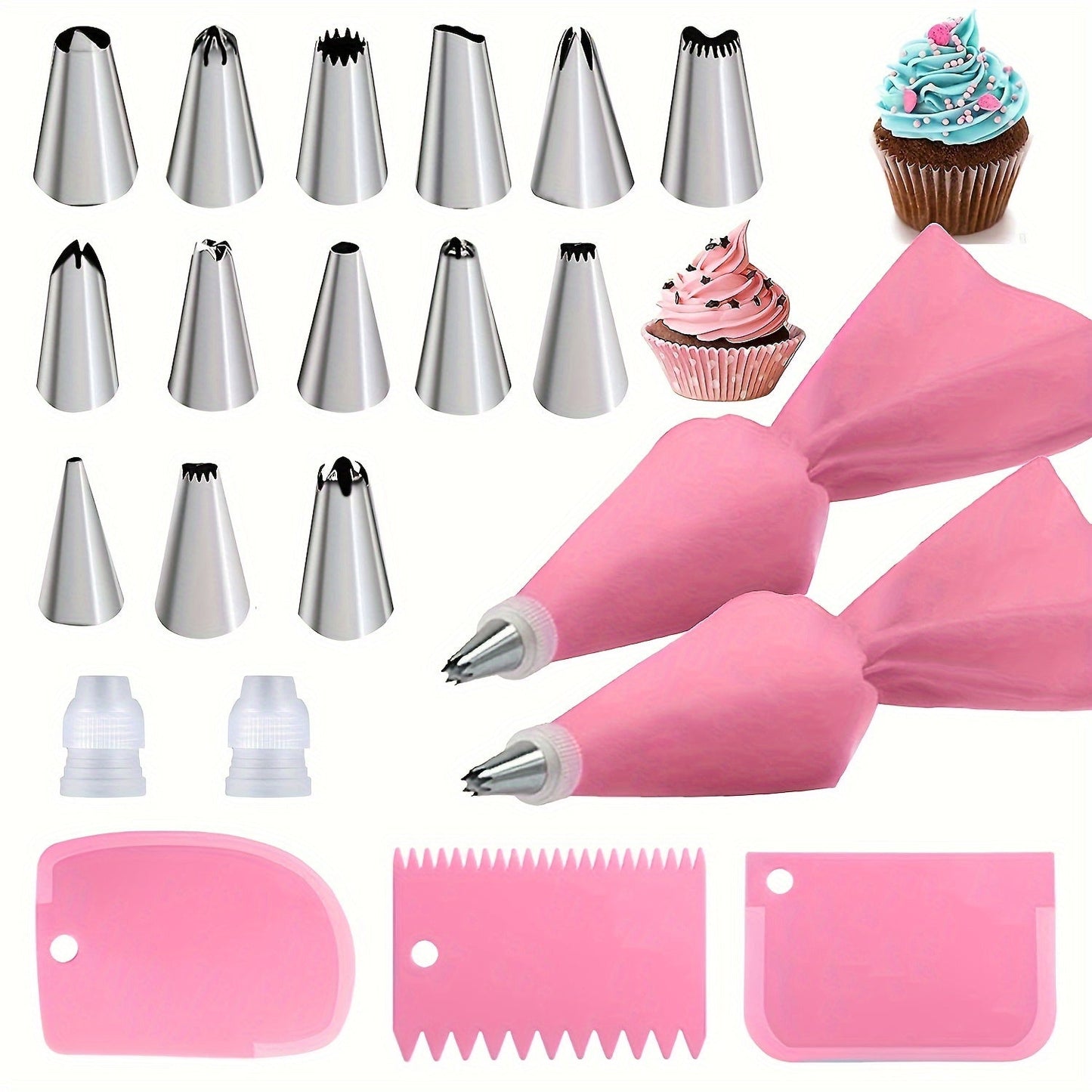 Set of 21 pieces, including pink piping tips, converters, piping bags, icing spatulas, and 14 different piping tips. Perfect for decorating dessert biscuits, cupcakes, and cakes. A must-have for any kitchen enthusiast looking to elevate their baking