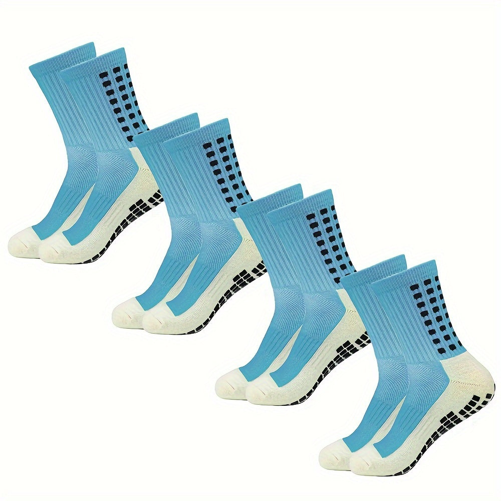 4 pairs of men's football socks made of knit polyester with terry bottom. Features include anti-smell, anti-slip, and wear-resistant properties. Machine washable and composed of 20% Spandex