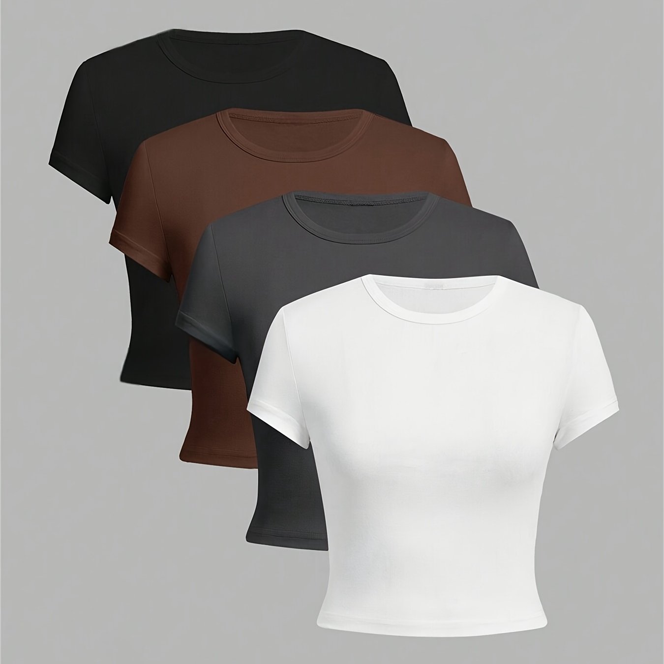 Women's 4pcs Slim Fit Short Sleeve T-Shirts in Black, Brown, Pink, and White. Stretchy, breathable fabric perfect for casual summer wear with round neckline and comfortable fit.