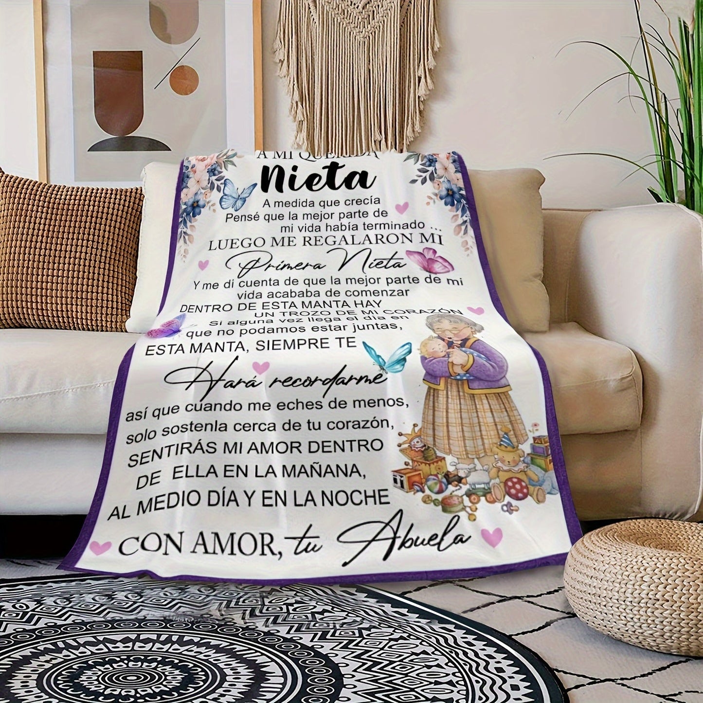 Enchanting Butterfly & Floral Print Spanish Letter Throw Blanket - A Thoughtful Gift from Grandma to Granddaughter, Made with Ultra-Soft Flannel for Lightweight and Cozy Comfort. Ideal for Couch, Sofa, Bed, Office, Travel & Camping, Providing Durable