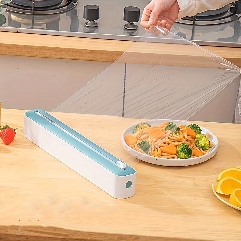 This ABS Plastic Wrap Dispenser features a Slide Cutter and can be used for both Cling Film and Foil. It is a 2-in-1 tool that is refillable and designed for storing and cutting kitchen drawer fresh-keeping film packaging. Please note that it is not