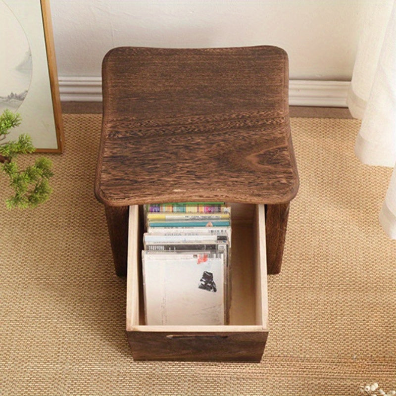 Classic wooden shoe changing stool with storage drawer, dark brown, armless, non-padded.